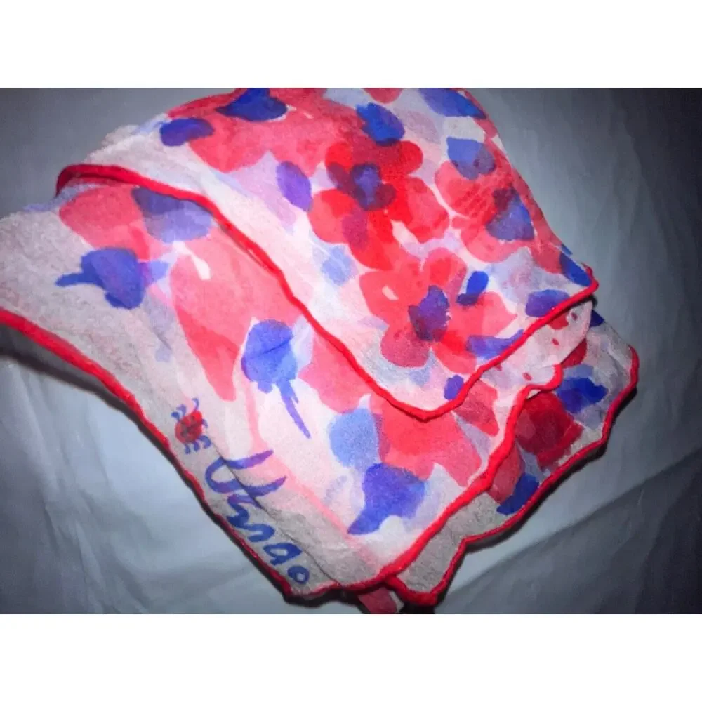 Vintage Vera Neumann Scarf - Sheer - Ladybug signed - Red & Blue Flowers